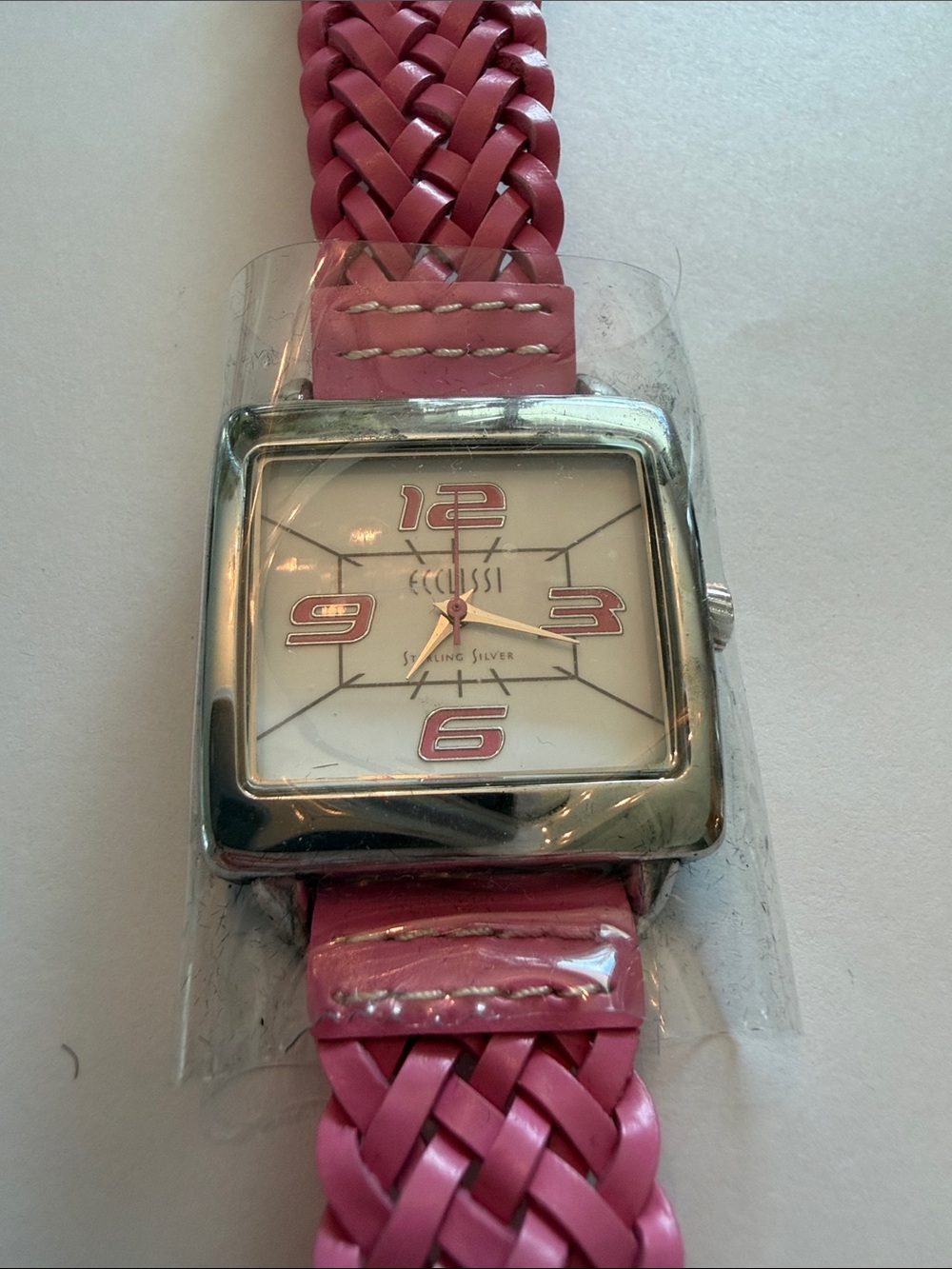 Ecclissi Vintage Women's Pink Braided Strap Silver Square Watch